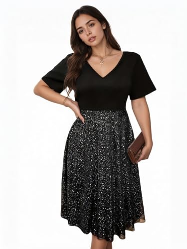 ZNU Plus Size Dresses for Women - Elegant V Neck Glitter Dress Summer Casual A-Line Midi Dress for Cocktail, Party, Wedding