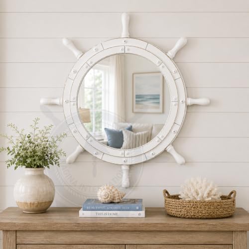 Nagina International Classic White Santorini Beautiful Nautical Sturdy Large Mirror Ship Wheel | Wall Mounted Mirrors (24 Inches)