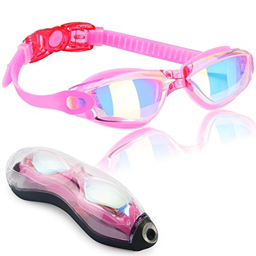 EMIUP Swimming Goggles Adult, No Leaking Anti Fog UV Protection 180 Degree Vision and Soft Silicone Nose Bridge Swim Goggles for Men Women Kids 10, Pink with Colorful Mirrored Lenses