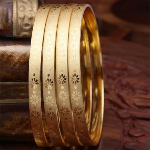 Image of ZENEME Set Of 4 Gold-Plated Textured Handcarfted Classic Bangles For Girls and Women