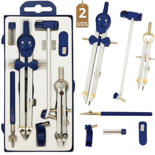 2 Compas Dibujo Tecnico Profesional - Compás Escolar de Precision con Rueda de Ajuste Bachillerato y Secundaria - Compasso Escolar Dibujo Tecnico de Metal - Compas Grande Dibujo Técnico Plastica Azul