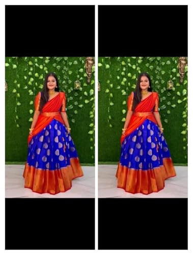 Image of RENVAANI FASHION Women's Indian Traditional Unstitched Kanjivaram Silk Pure Zari Weaving Lehenga Choli With Dupatta Attach With Unstitch Blouse Piece, Half Saree (HALF SAREE HT53 KHAJURI ROYAL RED)