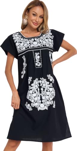 Image of YZXDORWJ Women Mexican Embroidered Long Dress Ruffle Collar Maxi Boho Floral Summer Short Sleeve