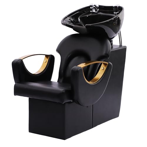 KIGOTY Shampoo Bowl Barber Backwash Chair with Ceramic Shampoo Bowl, Hair Washing Station for Hair Stylist Sink Chair Headrest for Spa Beauty Salon, Black