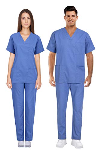 Ensemble Médical Scrubs Professionnel - Haut et Pantalon - Unisexe (Bleu Hôpital, L) Cover