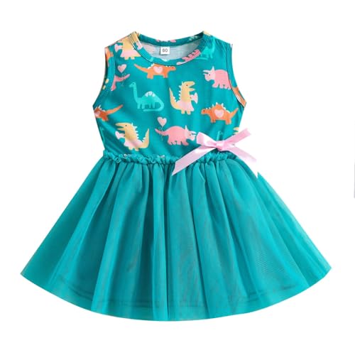 BILIKEYU Toddler Girls Tutu Dresses Cute Dinosaurs Graphic Sleeveless Elastic Waist Tiered Swing A-Line Tulle