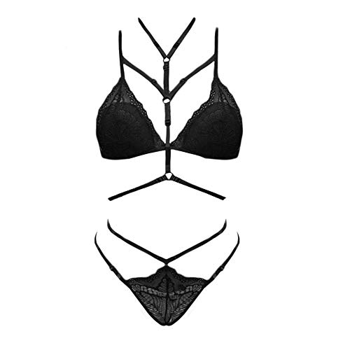 Ensemble lingerie érotique en dentelle noire avec soutien-gorge et string pour femme