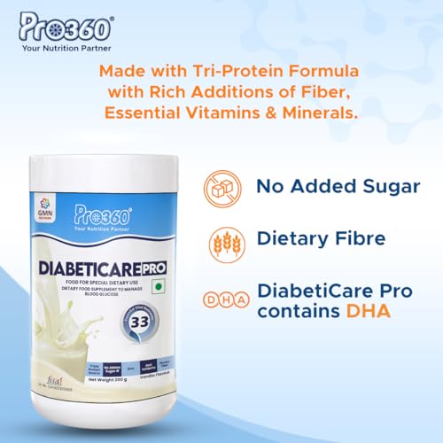 Image of Pro360 DiabetiCare Pro Nutritional Diabetic Protein Food Supplement Powder to Manage Diabetes and Blood Glucose for Adults - 200gm Jar (Vanilla)