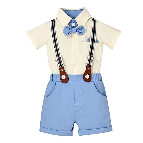 Image of DOMOABEI Baby Boy Clothes Gentleman Outfits Infant Baby Bodysuit Shirt with Bowtie Suspender Shorts Baby Boy Suit Set 0-18M