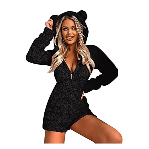 Albornoces para mujer, Pijama Mono de Felpa Entero con Capucha Cremallera Polar Jumpsuit Una Pieza Invierno Termica Pantalones Cortos Felpa Linda Oreja de Gato Homewear para Casa Diario(A Negro,M)