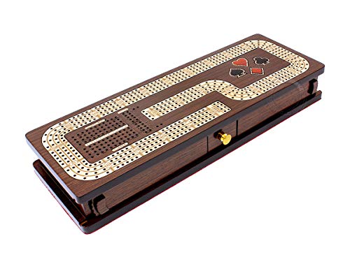 Tablero/Estuche Continuo de Cribbage House of Cribbage - 4 Pistas, Incrustado en Madera Wenge y Arce: Cajón para Tarjetas y Clavijas con Campos de Marcación para Skunks, Esquinas y Partidas Ganadas miniatura 3