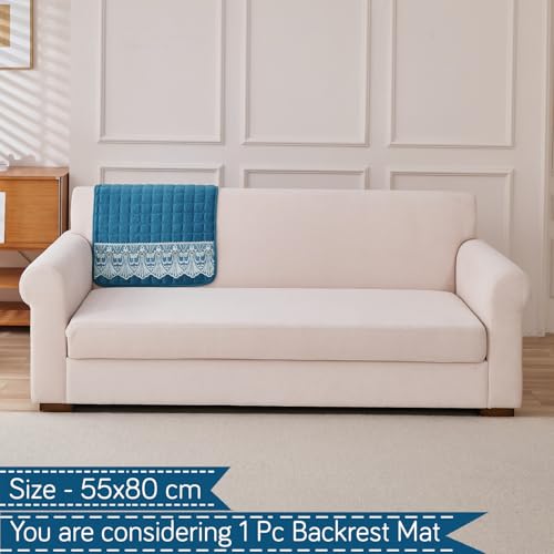 Image of HOKIPO 'BelleLace Series' Imperial Milk Velvet Sofa Backrest Mat Cover with Lace | Anti-Slip | 1 Pc - Celdaon Blue (AR-6311-BL)