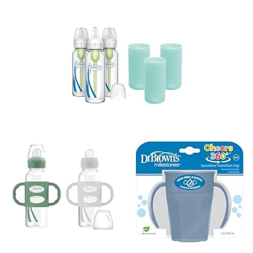 Dr. Brown's Anti-Colic Options+ Narrow Glass Baby Bottles 8oz and Level 1 Nipple, 3-Pack 0m+ and Mint Silicone Sleeves and Narrow Sippy Spout Bottle, Green+Gray, 2 Pack and Cheers 360 Spoutless