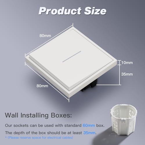 MVAVA Lichtschalter 1 Fach 2 Wege, Lichtschalter Unterputz mit Federanschlüsse, Seidig-Matte Wandschalter mit LED Kontrollleuchte, 80mm*80mm Weiß, M3-Serie