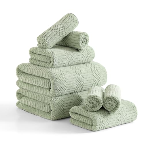 8 Piece Sage Green Bath Towels Set 2 Oversized Large Bath Sheets 2 Hand Towels and 4 Washcloths 600 GSM Soft Fluffy Luxury Towel Set Highly Absorbent Quick Dry Towel Collection for Bathroom Home Hotel
