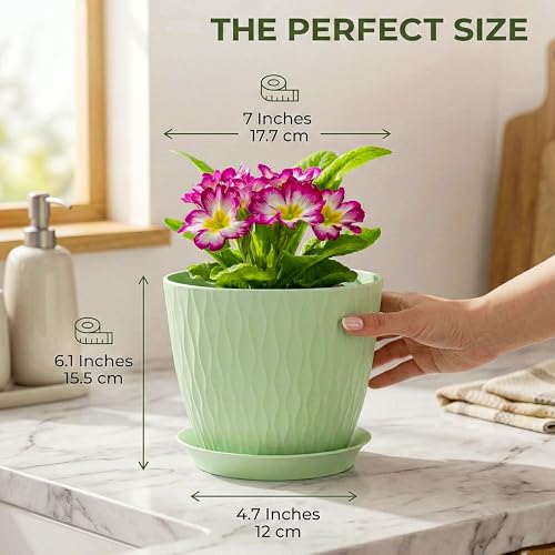 Image of Eightiz (Pack of 5 6 Inch Plastic Flower Pots for Indoor & Outdoor Terrace,Garden Plants Decorative Planters with Drainage Holes & Matching Saucers Durable & Lightweight (Green)