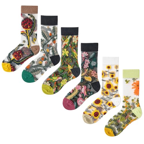 Image of RosyClouds Floral Jacquard Mesh Socks for Women, Summer See Through Sheer Elastic Crew Socks Flowers Crystal Glass Socks 6 Pairs