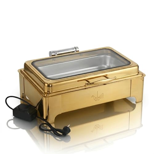 Image of Malabar Stainless Steel Chafing Dish with Transparent Lid, Rectangular Chafing Dish Set with Hydraulic Lid, Mirror Finished Buffet Food Warmer (Electric, 9 LTR - Gold)