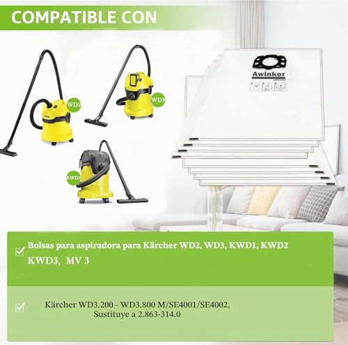 Miniatura 2 de Paquete De 10 Bolsas Para Aspiradora Karcher Wd2 Plus Wd3s Wd 3s Wd 3v Kfi 357 Kwd 1-3 2.863-314.0 Se4001 Se4002
