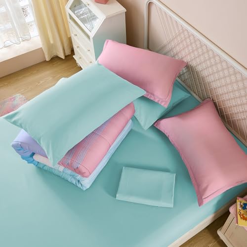 Image of Dinjoy Girls Comforter Set Full Size Colorful Ombre Pink Green Rainbow Bedding Set Bed in A Bag for Kid Teen Girls 7 Pieces (1 Comforter, 1 Flat Sheet, 1 Fitted Sheet, 2 Pillow Shams, 2 Pillowcases)