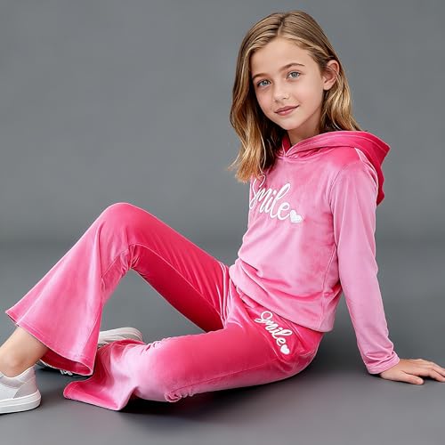 Image of 6-13 Years Girls Clothing Heart Print Hoodie Top + Heart Print Flare Leg Pants 2PC Clothing Set