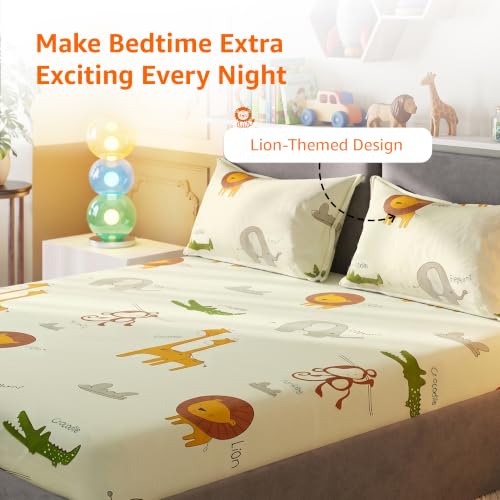 Image of Amazon Basics - 100% Cotton Kids Bedsheet | 144TC |Flat Queen Bed Sheet with 2 Pillow Cover|Soft Cotton | Cartoon Print | 88 Inch x 90 Inch, Lion Themed Queen Bedsheet