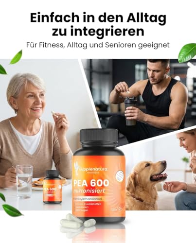 PEA Kapseln | MIKRONISIERT: 1200mg Palmitoylethanolamid pro Dosis | 120 Kapseln | 100% Pure Pea, Laborgeprüft | Produziert in Deutschland - SUPPLENATURA®