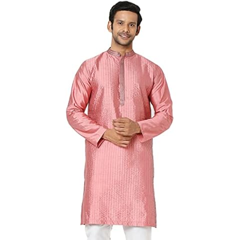 In-Sattva Men's Vertical Pleat Embroidered Banded Collar and Placket Kurta Tunic; Rose Pink; MD Cover