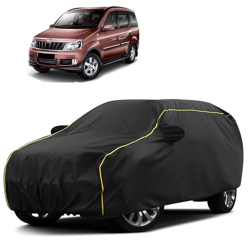 Image of Sulfar 100% Water Resistant Car Body Cover Compatible with Mirror for Mahindra Xylo (Triple Stitched, Full Bottom Elastic, Black Taffeta with Yellow Piping)
