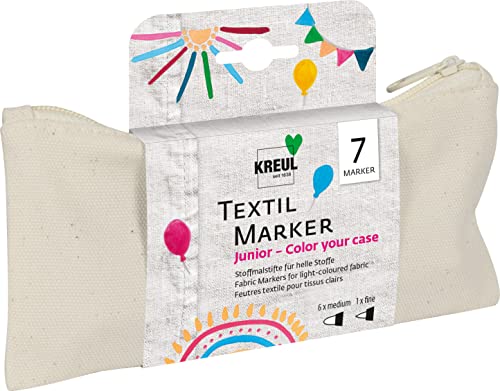 KREUL 90722 - Textil Marker Set Junior Color your case, medium, 6 Marker medium, 1 Marker fine, 1 Baumwolltasche, Zur Gestaltung von hellen Textilien