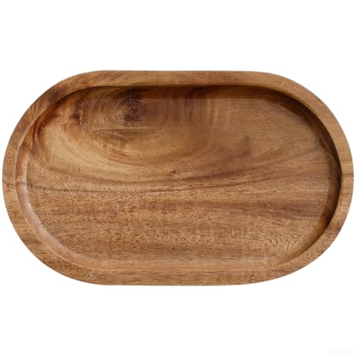 Plateau de service ovale en bois d'acacia avec compartiments, assiette à goûter et planche à thé en bois marron pour pauses café, repas et décoration moderne de cuisine ou de salle à manger, 18 x 15