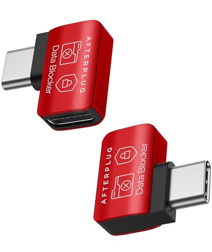 Afterplug 90 Degree USB-C to USB-C Data Blocker, Anti Juice Jacking, Charge-Only, Supports 240W PD Charging, Not for Thick Cases (2-Pack), Red