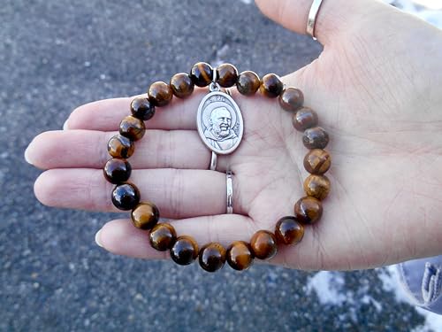 Saint Padre Pio Stretch Bracelet, 8mm Tiger Eye, Confirmation Bracelet, Cancer Support, Illness Recovery, Patron Saint, St Pio Bracelet, Size (Medium ~ 7.0 Inch Wrists)3
