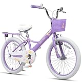 【Glerc】Sasha20インチ子供用自転車 可愛い蝶柄女の子人気 8歳～15歳 幼児小学生高学年通学練習街乗り 柔らかいサドル/前かご/キックスタンド/泥除け/リアキャリア パープル紫