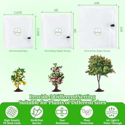 Fruit Tree Netting, 2 Pack 8ft x Garden for Trees - Zipper & Drawstring Bird Barrier Mesh Large Potted Plant Protectors