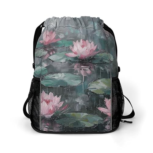 Drawstring Gym Backpack with Shoe Compartment And Wet Pocket, 28L Lightweight Waterproof Peach Water Lily Painting Sports Backpack for Workout Swim Beach Travel String Bag for Men Women