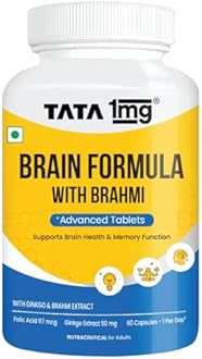 Tata 1mg Brain Formula With Vitamin B Complex, L-Tyrosine, L-Theanine, Brahmi, Ginkgo And Pine Bark Extract Capsule Helps In Improving Memory And Concentration For Unisex (Pack Of 60 Capsules)
