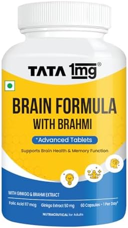 Tata 1mg Brain Formula With Vitamin B Complex, L-Tyrosine, L-Theanine, Brahmi, Ginkgo And Pine Bark Extract Capsule Helps In Improving Memory And Concentration For Unisex (Pack Of 60 Capsules)