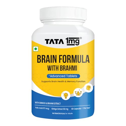 1MG Tata Brain Formula With Vitamin B Complex, L-Tyrosine, L-Theanine, Brahmi, Ginkgo And Pine Bark Extract Capsule Helps In Improving Memory And Concentration For Unisex (Pack Of 60 Capsules)