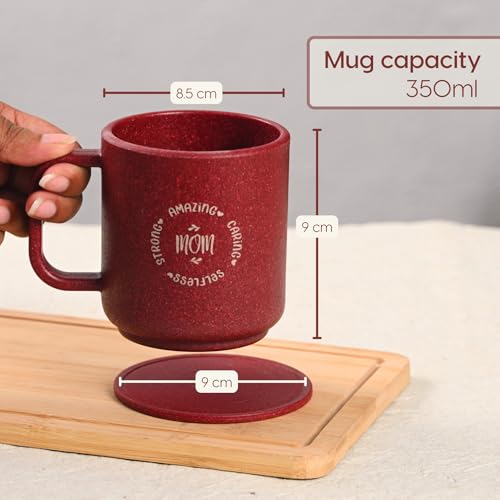 Image of Eha Earth-Friendly Gift Set for Mom | 350 ml | Coffee Mug with Coaster, Keychain & Bag | Gifts for Mom Made with Rice Husk Biocomposite | Gifts for Woman | Coral