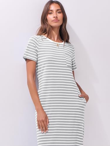 Image of ANRABESS Womens Midi Dress,Summer Long Tshirts Dresses,Short Sleeve Split Stripe,Comfy Travel Beach Vacation Casual Wear