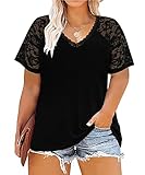 RITERA Womens Plus Size Tops Dressy Casual Lace Short Sleeve Shirts V Neck Summer T Shirt Oversize Ladies Black Tunic Blouse Xl 14W 16W
