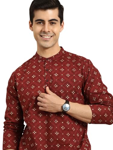 Image of Zombom Men's Cotton Polyester Blend Solid Regular Fit Full Sleeve Printed Short Kurta | Ethnic, Lightweight Summer Kurta for Daily & Occasion Use | Men's Trendy Short Kurta