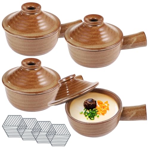 Toyosport 4 Sets Egg Cookers, Ceramic Microwave Cookers with Heat-resistant Silicone Pads, Egg Poachers with Dome Lids & Hollow Handles, 12 oz Clay Bowls for Eggs, Soup, Oven & Dishwasher Safe