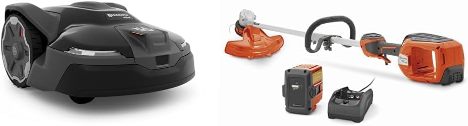 Bundle of Husqvarna 410iQ Automower Robotic Mower, 0.5 Acre Mowing Capacity + Husqvarna WeedEater 320iL Cordless String Trimmer with 4 Ah Battery and Charger