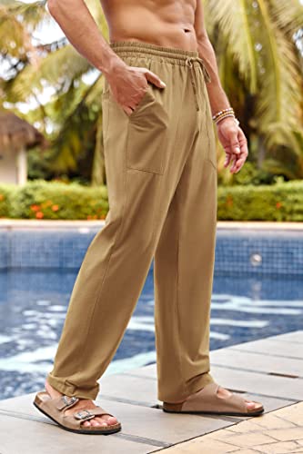 Paslter Men's Cotton Linen Pants Elastic Waist Drawstring Casual Pants Lightweight Straight-Legs Loose Beach Yoga Pants Khaki #TOP4