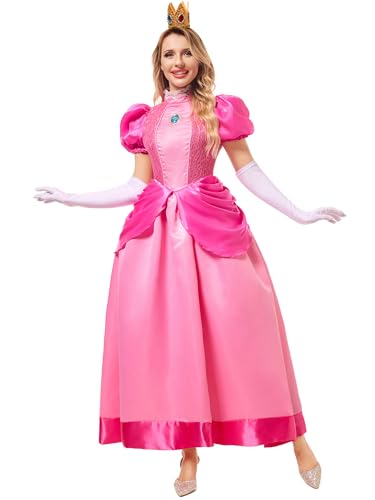 Funna Pink Princess Costume Adult Women Dresses Halloween Dress up Cosplay with Crown Gloves, Medium