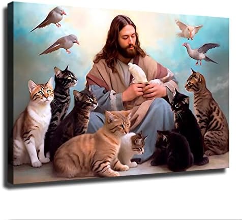 Jesus Christian God Surrounded by Cats Angels for People Love Cat Canvas Art Wall Decor Frame - Faith Christian God Jesus Poster Canvas Wall Art House Decor (Jesus Poster-2,24x36inch-Framed)