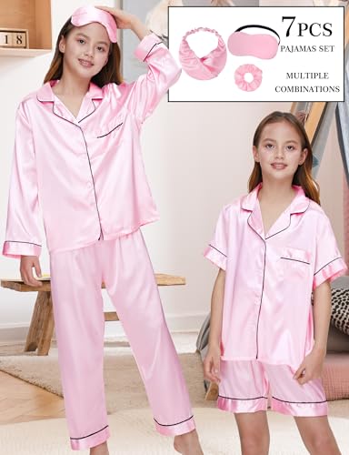 SEALINF 4 Pcs Silk Pajamas for Girls Kids Satin Pajamas Long Short Sleeve Long Pants Shorts Pjs Set with Sleep Mask2