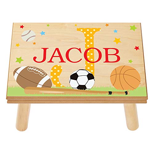Let’s Make Memories Personalized My Own Name Step Stool - Children’s Step Stool - Sturdy Wood – Non-Toxic Paint, Sealer - Sports Design - Natural - 14’Wx9.25”Lx8.75”H - Ages 3+